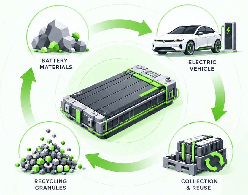 Circular battery lifecycle: battery materials, electric vehicle, collection and reuse, recycling granules.